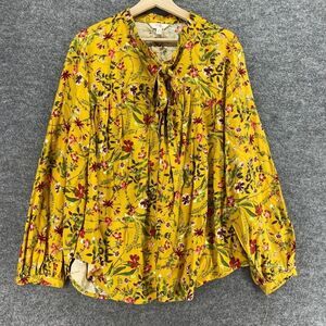 Terra & Sky Blouse Women 1X Plus Yellow V-Neck Tie Up Long Sleeve Rayon Casual